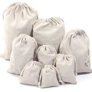 Durable linen drawstring gift pouches, assorted sizes burlap bags for jewelry, party favors.