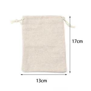 Linen drawstring pouch bag with size 13x17cm, durable natural burlap gift storage.