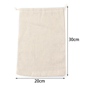 Linen drawstring bag detail view showing width and height measurements for easy sizing.
