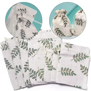 Linen drawstring pouch with green leaf print, perfect for storing herbs, small toys, and gifts.