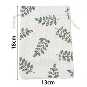 Linen drawstring pouch with green leaf print, 18x13cm reusable storage gift herb bag.