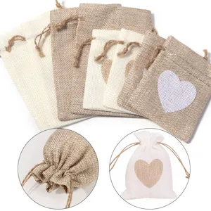 Burlap jute drawstring gift pouches with cute heart print detail and close-up view.