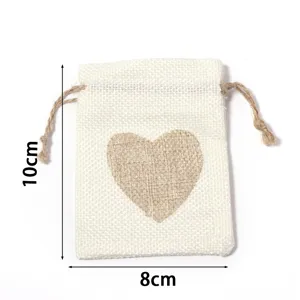 Linen drawstring pouch with heart print, compact storage bag for small items, 10x8cm.