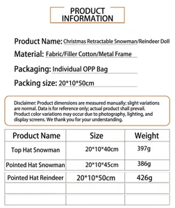 Detailed size specification chart showing dimensions and weight variants for Christmas dolls.