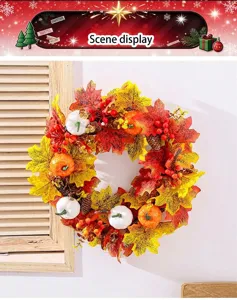 Thanksgiving autumn wreath featuring maple leaves white pumpkins and berries for home decor.