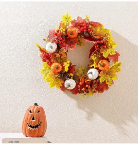 Thanksgiving autumn wreath with white pumpkins maple leaves wall hanging decor for home window.