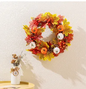 Thanksgiving autumn wreath home decor maple leaves pumpkins wall hanging door sign