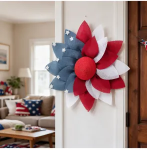 Corona del Día de la Independencia de EE. UU. pétalos de yute rojo blanco azul decoración puerta.