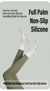 Detail view of women's five-toe non-slip yoga pilates socks with backless design and silicone grip.