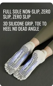 Detailed close-up view of beige five-toe yoga socks with anti-slip silicone grips on sole.