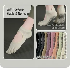 Non-slip five toe yoga socks with open back breathable design for pilates and fitness.