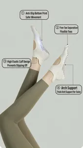 Detail view of women's five-toe yoga socks with anti-slip grip for indoor pilates fitness training.