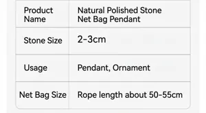 Product size and dimension specification details for natural stone net pocket pendant.
