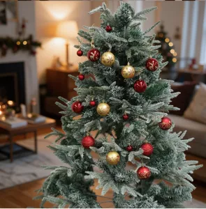 Primo piano dettagliato dell'albero di Natale floccato decorato con palline rosse e dorate.