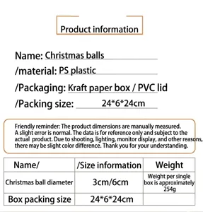Tabella delle taglie del set di decorazioni per palline di Natale e specifiche.