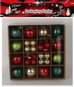 Dettaglio confezione palline di Natale con ornamenti decorativi e sfere dipinte assortite.