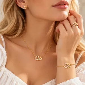 Gold double heart jewelry set necklace earrings bracelet ring for women daily versatile.