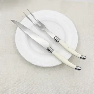 Ensemble de couteau et fourchette à découper en inox avec poignée blanche pour table