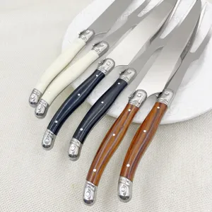 Vue détaillée de l'élégant set de couteaux et fourchettes à steak style Laguiole.