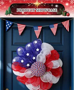 USA Independence Day red white and blue mesh wreath for patriotic front door home decor