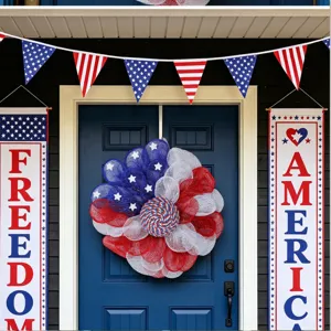 Patriotic 4th of July mesh wreath red white and blue door hanging holiday home decor set