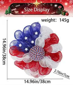 USA Independence Day mesh wreath detail dimension display, red white blue decorative door hanging.