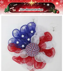 Red white blue mesh wreath detail shot, ideal for American independence day home decor.