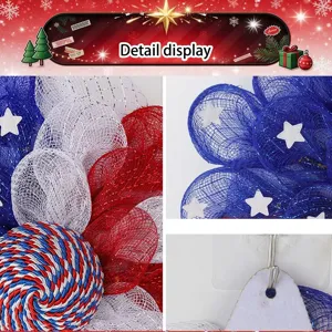 USA Independence Day wreath detail showing red white blue mesh, stars and hanging ball.