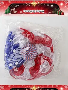 USA Independence Day mesh wreath red white and blue door hanging decor detail view