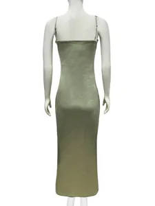 Green satin slip dress back view, elegant spaghetti strap long bodycon dress for women.