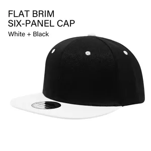 Schwarze und weiße Flat Brim Snapback Baseballcap Detailansicht, klassisches Sechs-Panel-Design.