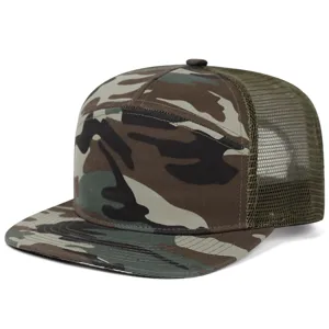 Camouflage flat brim trucker hat detail, featuring breathable olive green mesh and panels.