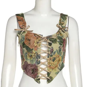 Vintage floral tapestry corset top with front lace-up and bow straps stylish women