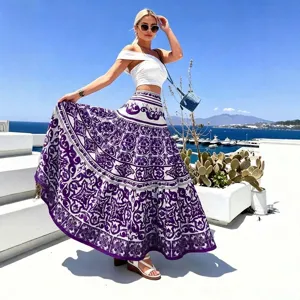 Women fashion printed beach maxi skirt holiday high waist long skirt elegant summer wear