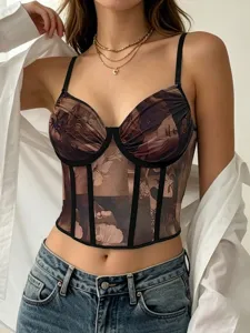 Women sheer mesh corset top vintage oil painting print bustier camisole streetwear sexy