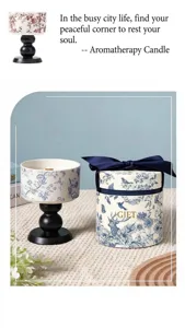 Detailed view of blue and white ceramic scented candle with gift box and elegant wooden base.