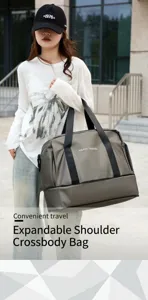 Large capacity travel duffel bag with wet dry separation for fitness and outdoor trips.