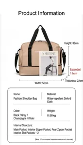 Large capacity travel duffel bag with dry wet separation, ideal for fitness, gym and swimming.
