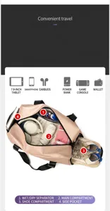Large capacity travel duffel bag with wet dry separation shoe compartment fitness gym bag.