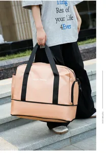 Large capacity travel duffel bag with dry wet separation compartment for fitness and weekend trips.