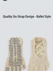 Non-slip five-finger yoga socks with cross straps for women, pilates and fitness detail view.