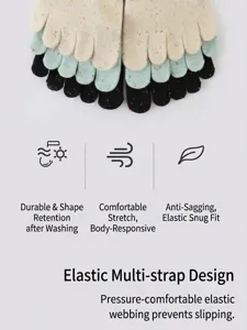 Detailed view of colorful speckled five finger yoga socks, soft fabric texture close up