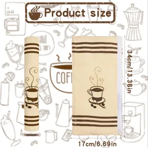 Kaffee Thema Griffabdeckung Detail mit Abmessungen, Leinenstoff und braunem Streifendesign.