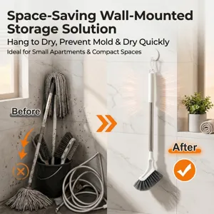 Long handled crevice cleaning brush for bathroom floor and tile gaps with hanging hook.