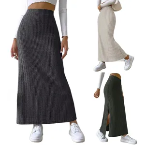 Women High Waist Ribbed Knit Maxi Skirt Slim Fit Side Slit Bodycon Long Skirt Solid Color Sexy Streetwear Casual Bottom