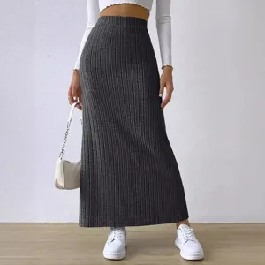 Women's high waist ribbed knit maxi skirt, casual slim fit long skirt in dark grey color.