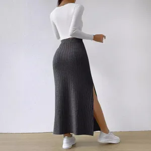 High waist side slit slim knit long skirt for women, chic elegant fashion daily wear.