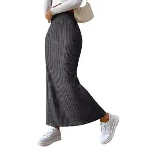 High waist ribbed knit maxi skirt for women, elegant slim fit casual long skirt daily wear.
