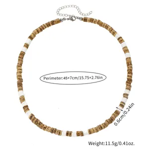 Detailopname van de boheemse houten en schelp kralenketting met textuur en afmetingen.