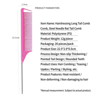 Professional pink hair styling comb with metal tail pin for salon cutting, parting and coloring.